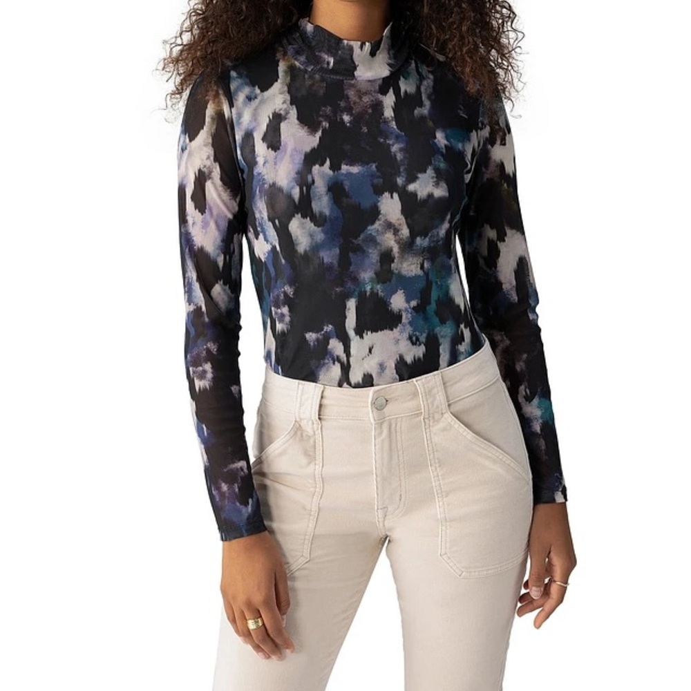 EUC Sanctuary Abstract Print Mesh Mock Neck Long Sleeve Top